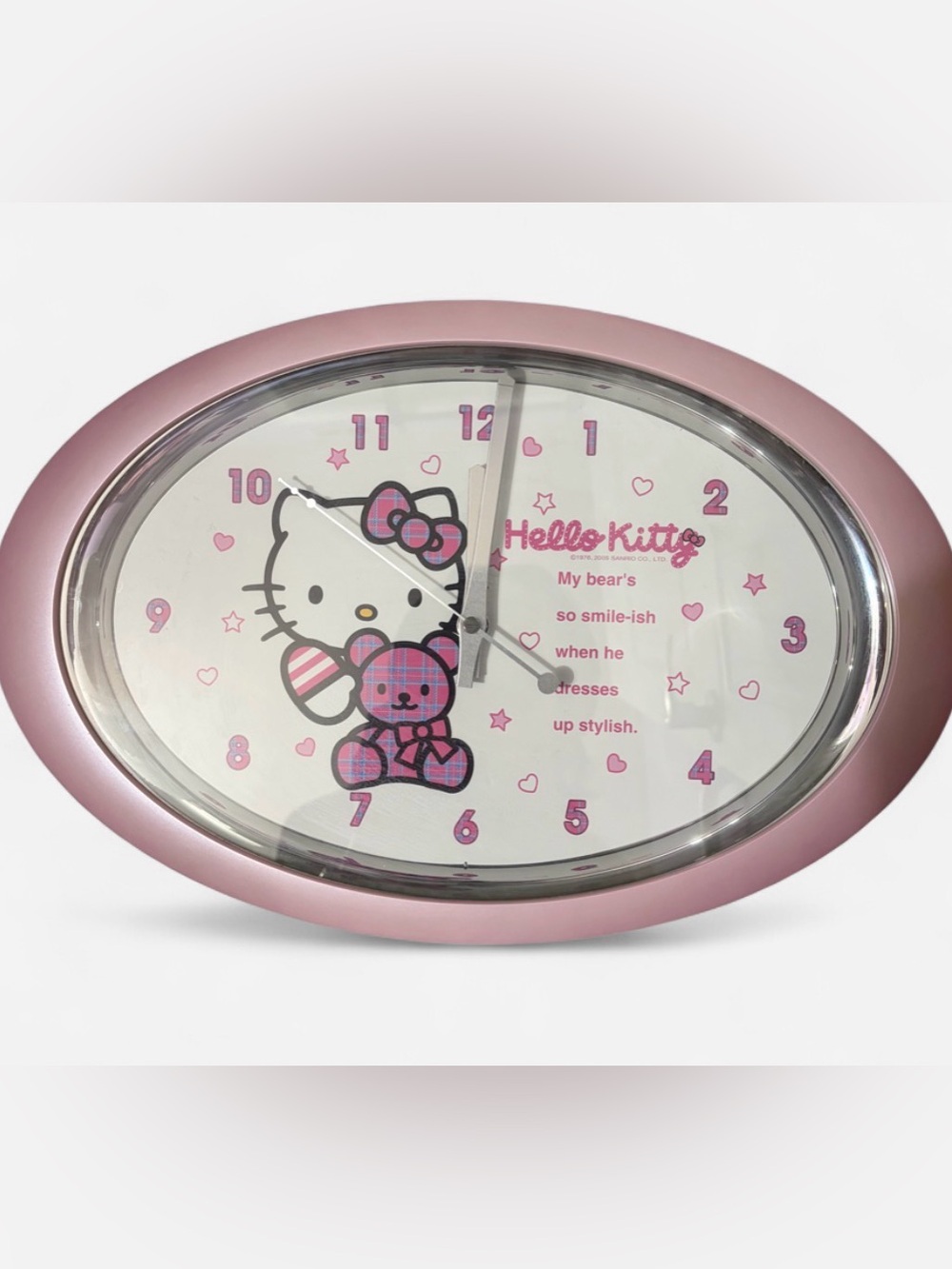 Hello Kitty Pink Oval Wall Clock with Teddy Graphic 2005 USED